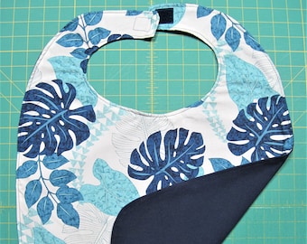 Adult bib, clothes protector, nursing home bib, dignified dining, fancy bib, handsome blue and white Hawaiian print lined with navy blue!