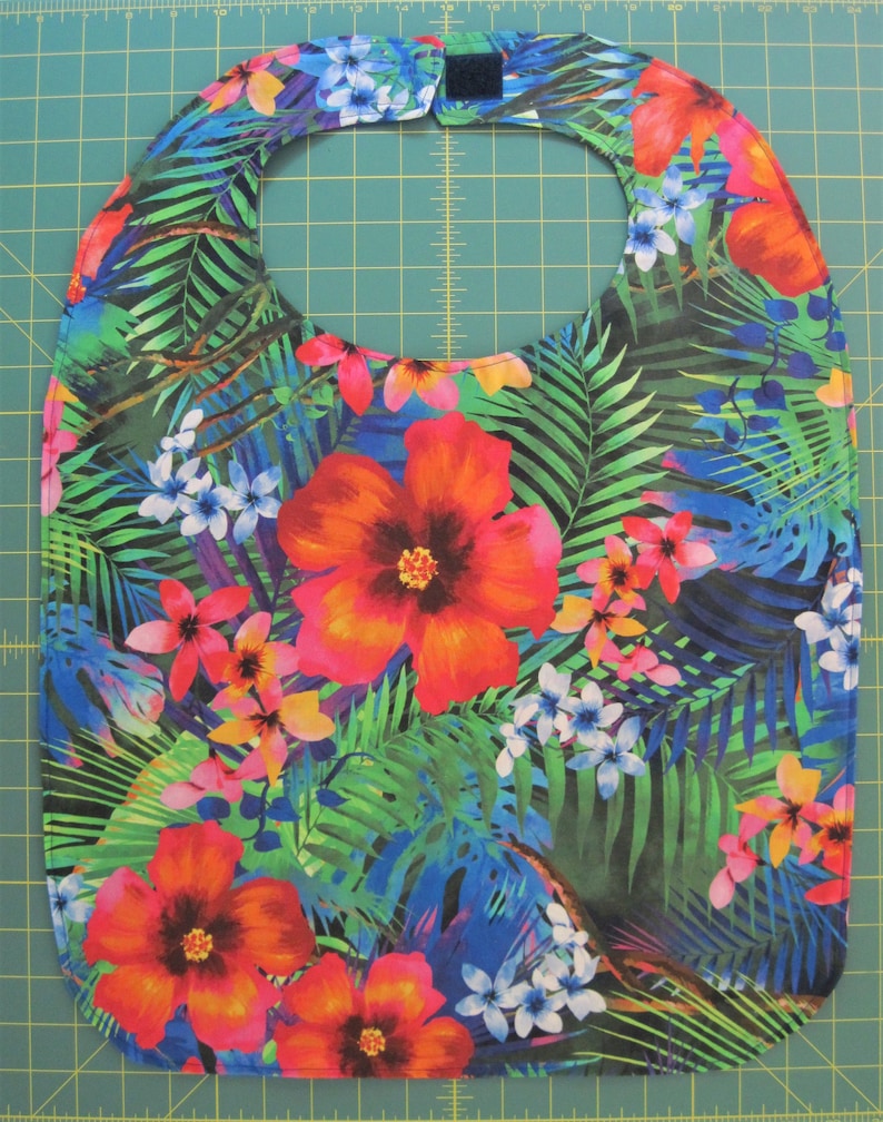clothes protector Adult bib beautiful and colorful tropical flowers lined with royal blue! nursing home bib fancy bib