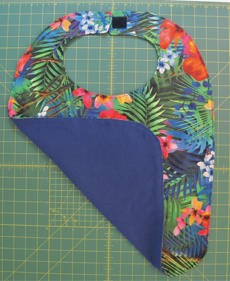 clothes protector Adult bib beautiful and colorful tropical flowers lined with royal blue! nursing home bib fancy bib