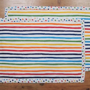 Set of 2 quilted placements, double-sided.  Cute & colorful striped placemats with polka dot border.  Housewarming gift, Mother&#39;s Day gift!
