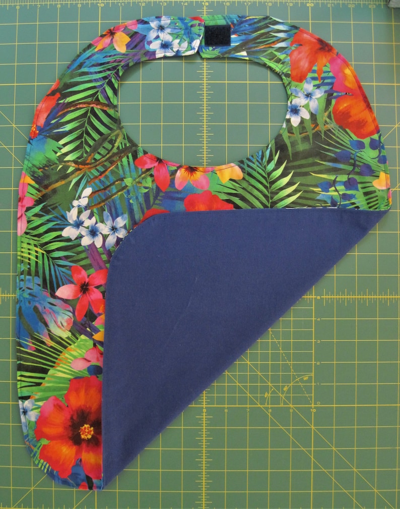 clothes protector Adult bib beautiful and colorful tropical flowers lined with royal blue! nursing home bib fancy bib