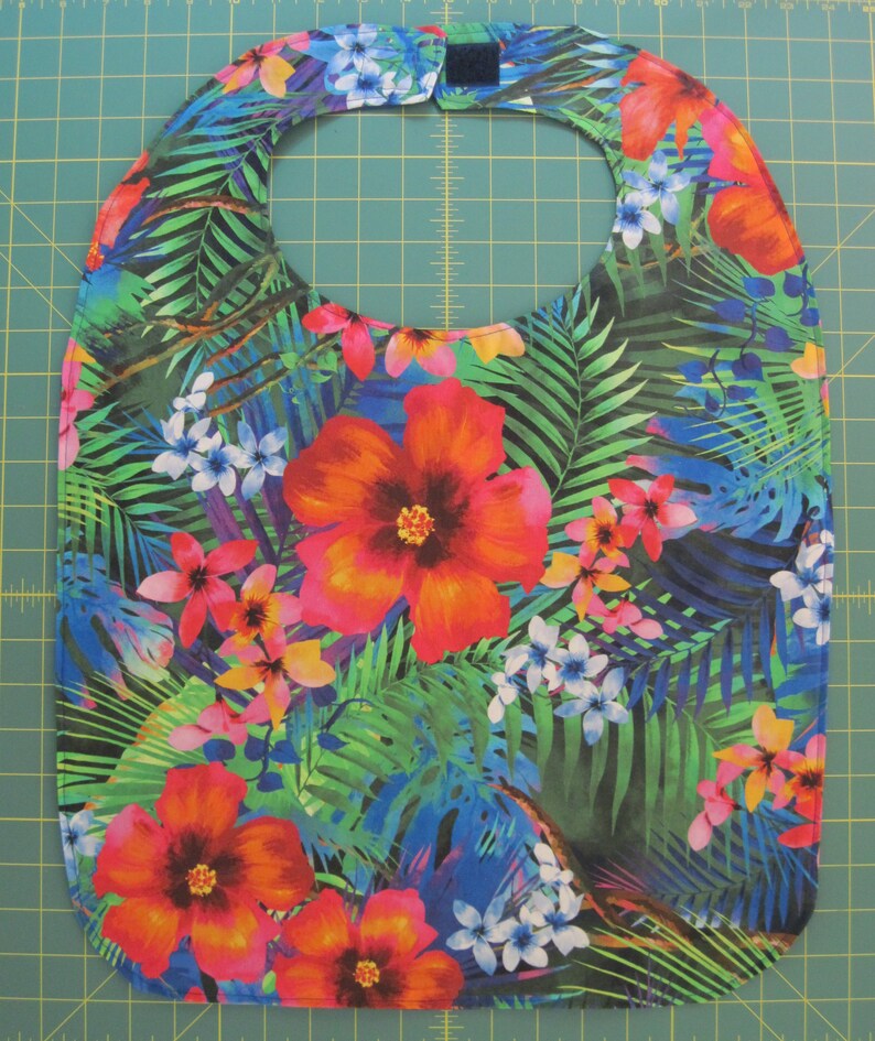 clothes protector Adult bib beautiful and colorful tropical flowers lined with royal blue! nursing home bib fancy bib