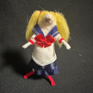 May include: A small, white creature dressed in a Sailor Moon-inspired outfit. The costume includes a white top with a blue collar, a red bow, a blue skirt, and red accents. The creature has yellow hair styled in pigtails.