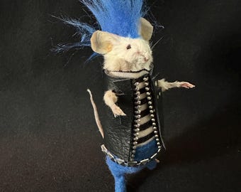 May include: A white mouse with a blue mohawk hairstyle, wearing a black leather vest with silver studs and a black and white striped shirt. The mouse is also wearing blue pants. The background is black.