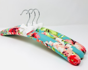 Padded Hangers, Teal Floral, Bridesmaids' Hangers, Teal Floral Hangers, Tropical Hangers, Ladies' Hangers, Tropical Wedding, Set of 3