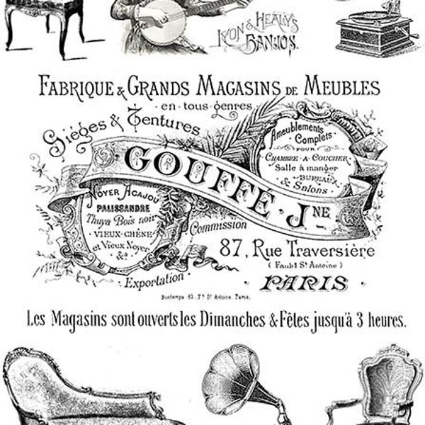 Papier de riz *R0508 (2 pièces) pour découpage et technique de serviette - publicités, Paris, fauteuil, gramophone, canapé...