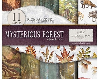 Mysterious forest, rice paper creative set RP045, trees, forest animals, mushrooms, leaves, plants...