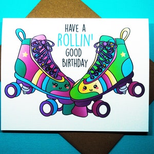 Have A Rollin&#39; Good Birthday Retro Roller Skating Skate Punny Cute Funny Roller Rink Celebration Let&#39;s Party 80s 90s Baby Greeting Card