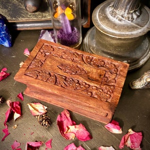 Vintage Jewelry Box | Hand Carved | Floral Book | Wooden Box | Witchy Trinket Box