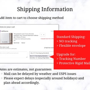 May include: A red box with white text outlining the shipping options for a Ph.D. graduation card. The options include standard shipping with no tracking and a flexible envelope, or an upgrade for a tracking number and a protective rigid mailer. The text also states that dates are estimates, not guarantees, and mail can be delayed by weather and USPS issues. Please expect delays, especially around holidays, and plan ahead accordingly.