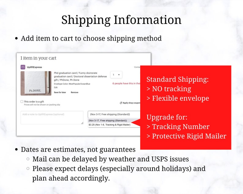 May include: A red box with white text outlining the shipping options for a Ph.D. graduation card. The options include standard shipping with no tracking and a flexible envelope, or an upgrade for a tracking number and a protective rigid mailer. The text also states that dates are estimates, not guarantees, and mail can be delayed by weather and USPS issues. Please expect delays, especially around holidays, and plan ahead accordingly.