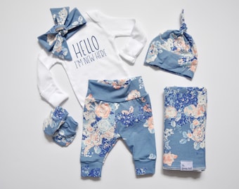 Floral Going Home Outfit, Hello I'm New Here, Hospital Take Home Outfit, Swaddle Blanket & Headband Set - Baby Shower Gift Set Girl