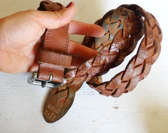 Brown genuine leather braided belt woven distressed one size fits all vintage 90s