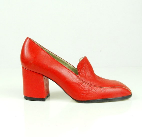 Chunky shoes red moccasins womens high heels leath