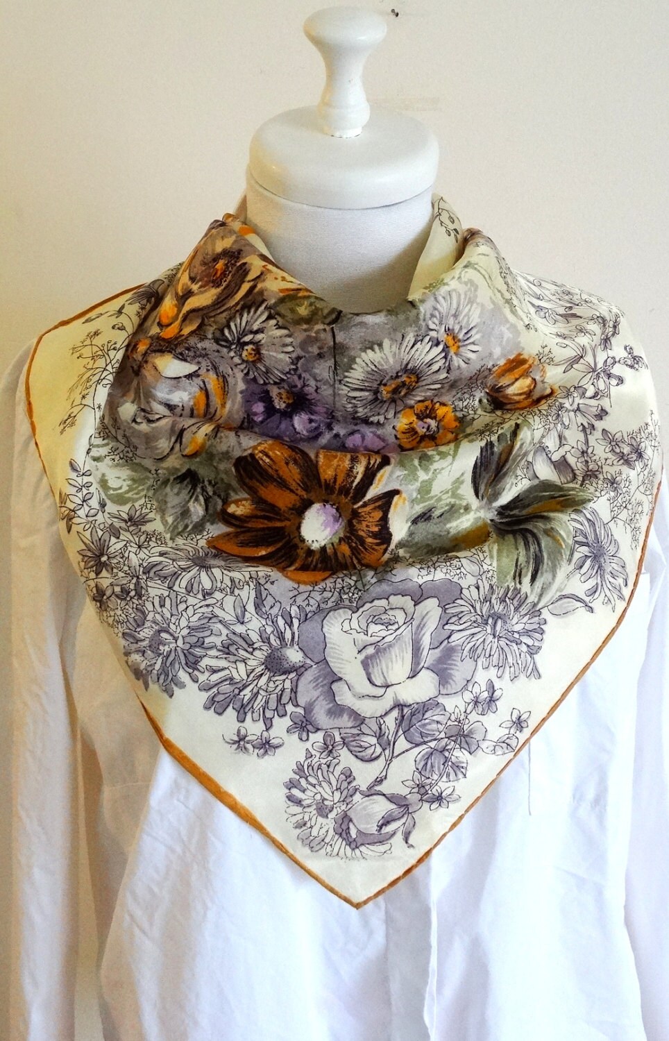 RARE silk scarf floral 1950s womens neck scarf head scarf | Etsy
