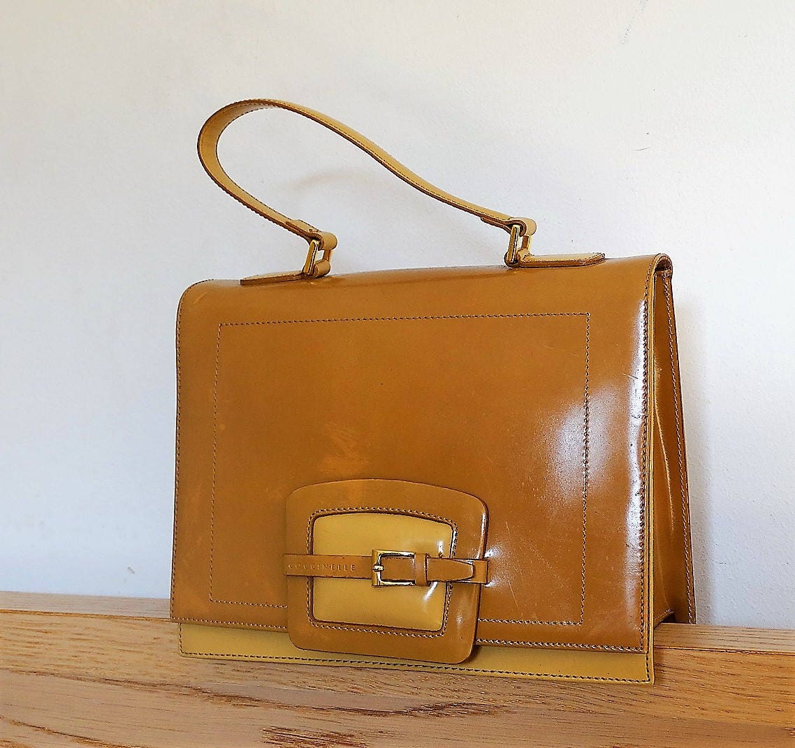 beige patent leather handbag