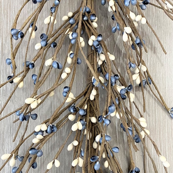 Country Blue and Cream Pip  Berry Garland, Country Garland, Floral Garland