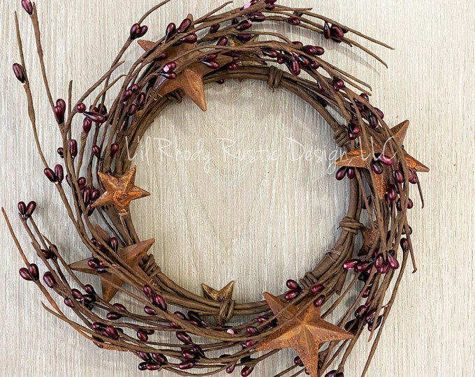 Burgundy Rusty Star, 4.5" Candle Ring, Country Candle