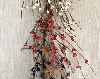 Red, White and Blue with Rusty Metal Star Pip Berry Garland