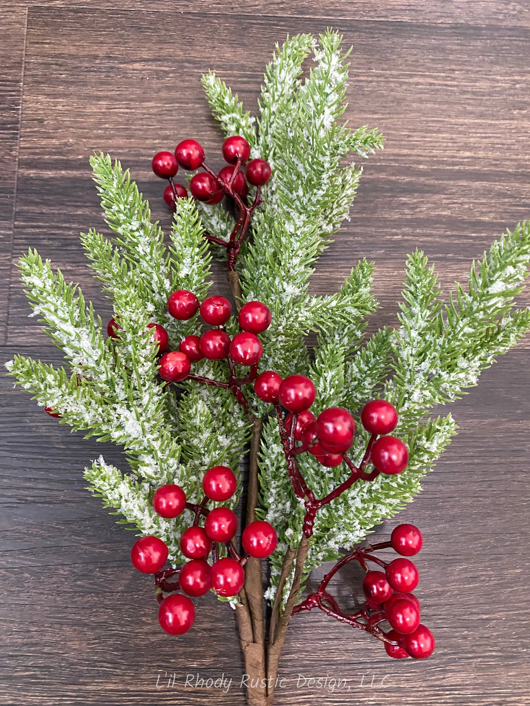 Snowy Artificial Pine, Red Berry 20 Stem, Faux Christmas Greenery