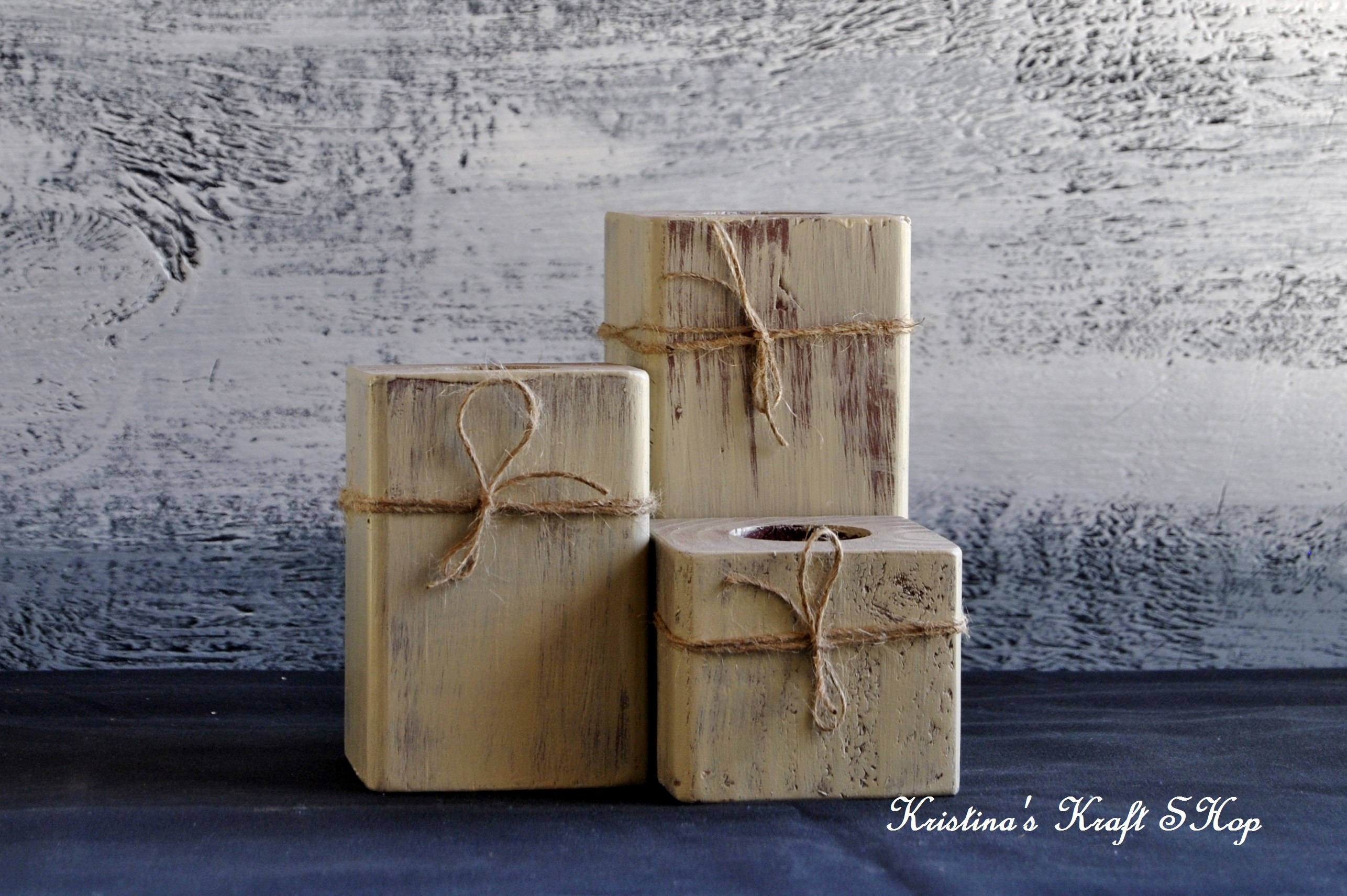 Set of 3 Rustic Wood Block Tealight Candle Holders