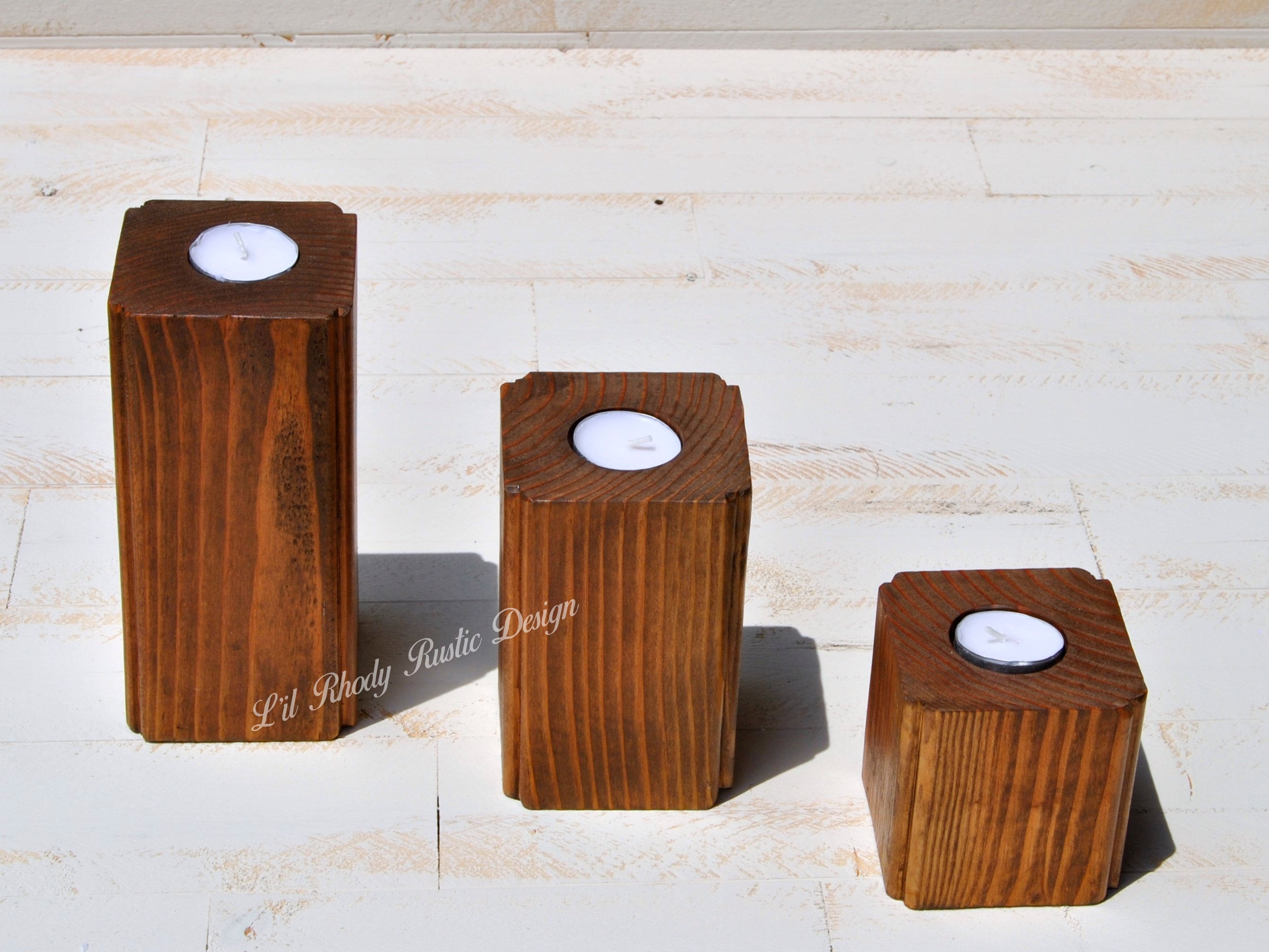 Set of 3 Rustic Wood Block Tealight Candle Holders