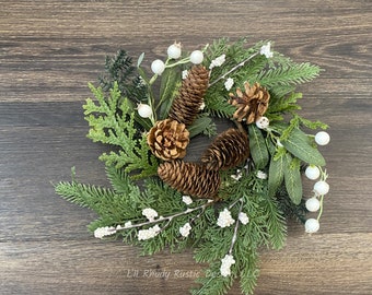 Mixed Forest Greenery, Pine Cone, White Berry 4.5" Candle Ring, Christmas Candle Ring, Winter Candle Ring