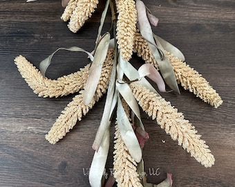 Cream Sorghum Garland with Green and Burgundy Leaves,  Artificial Fall Garland, Floral Garland, Autumn Garland,