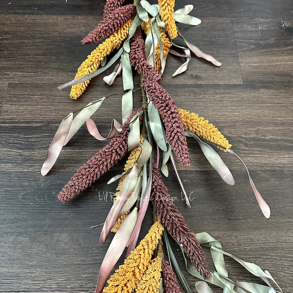 Burgundy and Yellow Sorghum Garland with Green and Burgundy Leaves,  Artificial Fall Garland, Floral Garland, Autumn Garland,