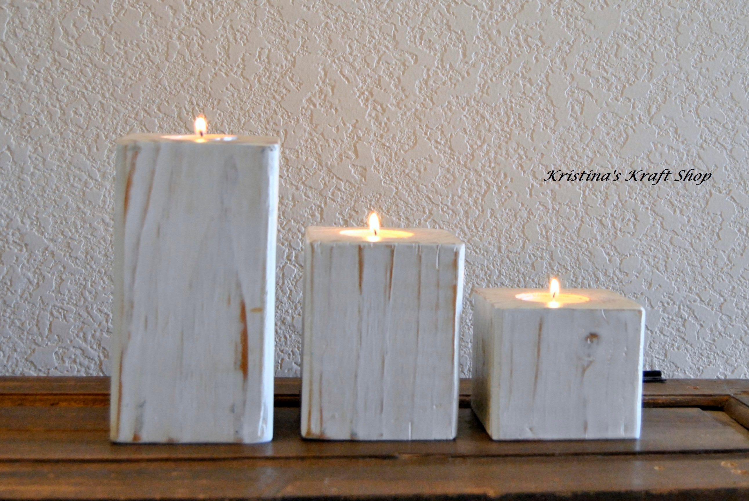 Set of 3 Wood Rustic Block Tealight Candle Holders