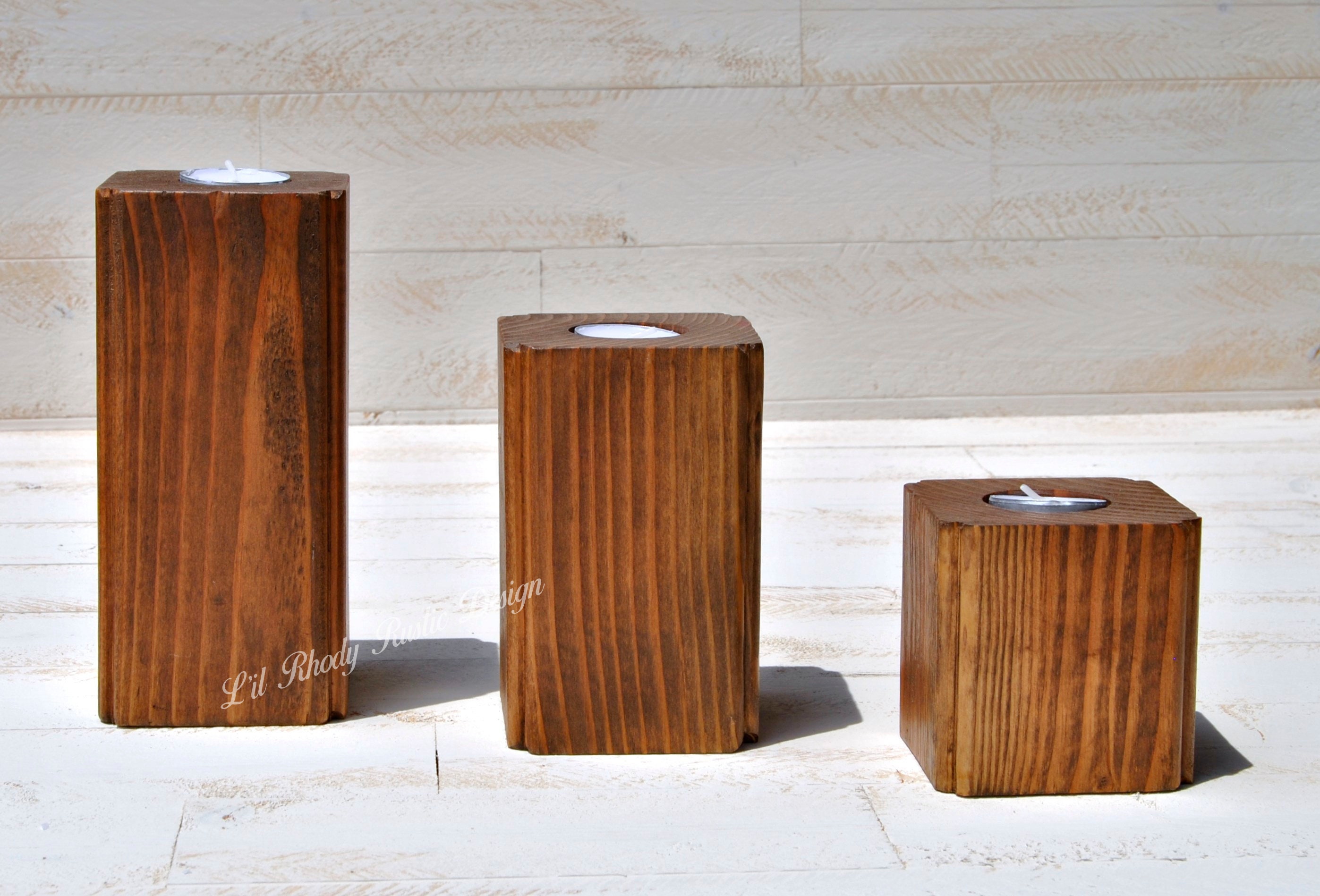 Set of 3 Rustic Wood Block Tealight Candle Holders