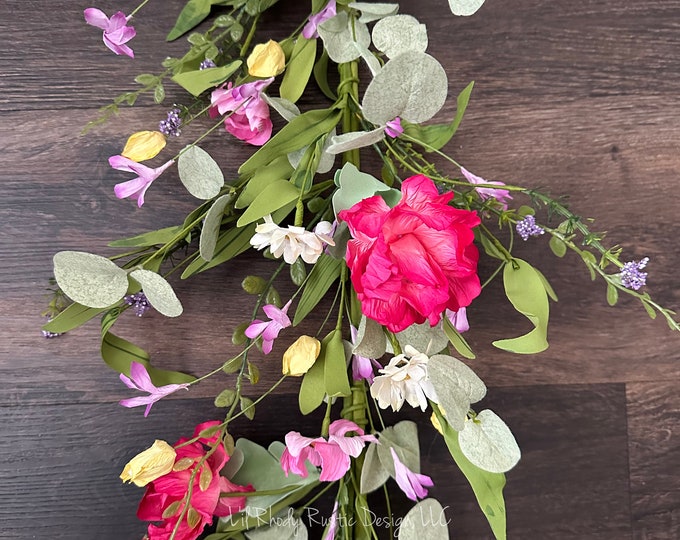 Confederate Rose and Chrysanthemum Mixed Spring Garland, Farmhouse Garland, Rustic Garland, Floral Garland