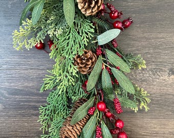 Real Touch Mixed Pine, Cedar, Pinecone, Red Berry with leaves 5' Garland, Christmas Garland, Winter Garland