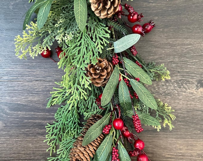 Real Touch Mixed Pine, Cedar, Pinecone, Red Berry with leaves 5' Garland, Christmas Garland, Winter Garland