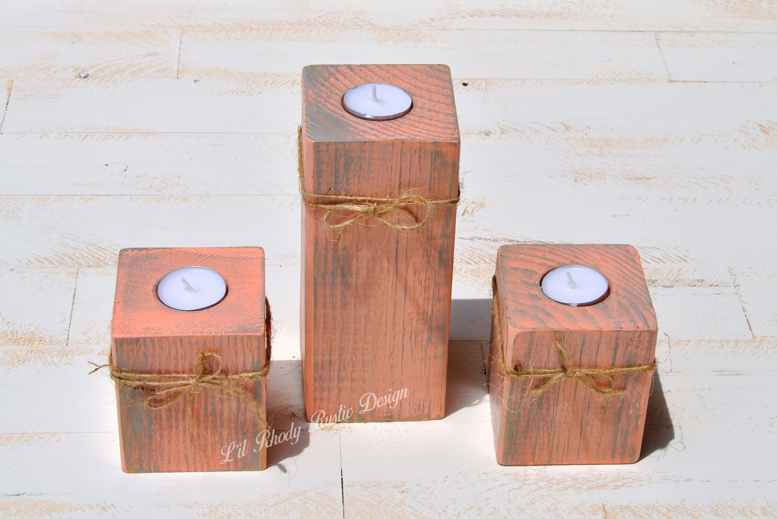 Set of 3 Rustic Wood Block Tealight Candle Holders