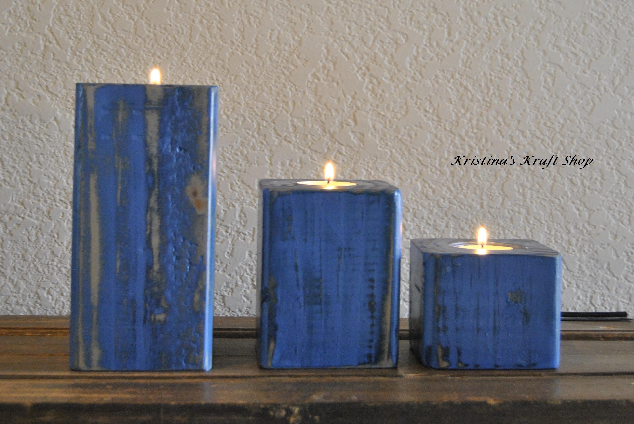Set of 3 Wood Block Tealight Candle Holders, Rustic Reclaimed Wood