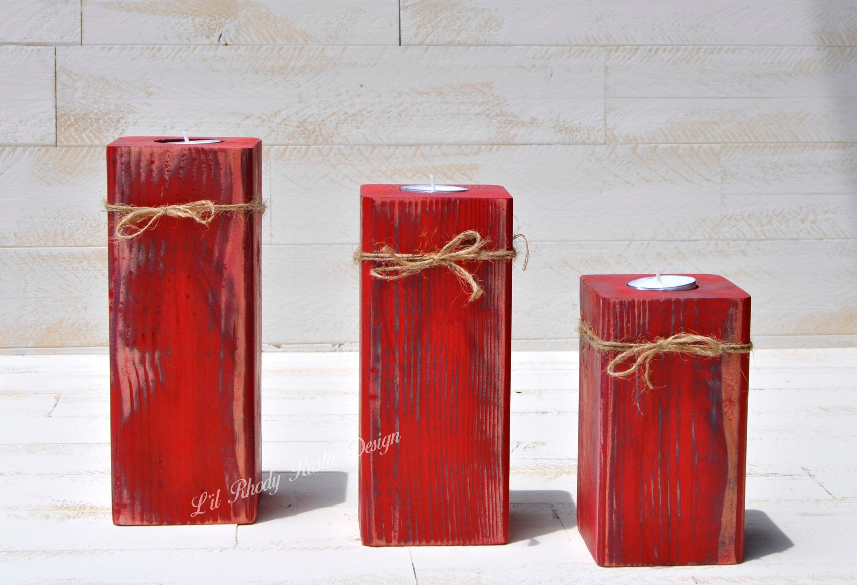 Set of 3 Rustic Wood Block Tealight Candle Holders