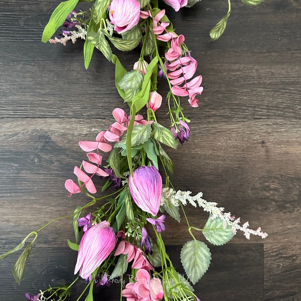 Light Pink, Dark Pink and Purple Ombre Tulip Mixed Spring Garland, Farmhouse Garland, Rustic Garland, Floral Garland