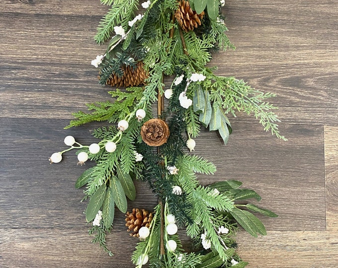 Mixed Forest Greenery, Pine Cone, White Berry,  60" Garland, Christmas Garland, Winter Garland