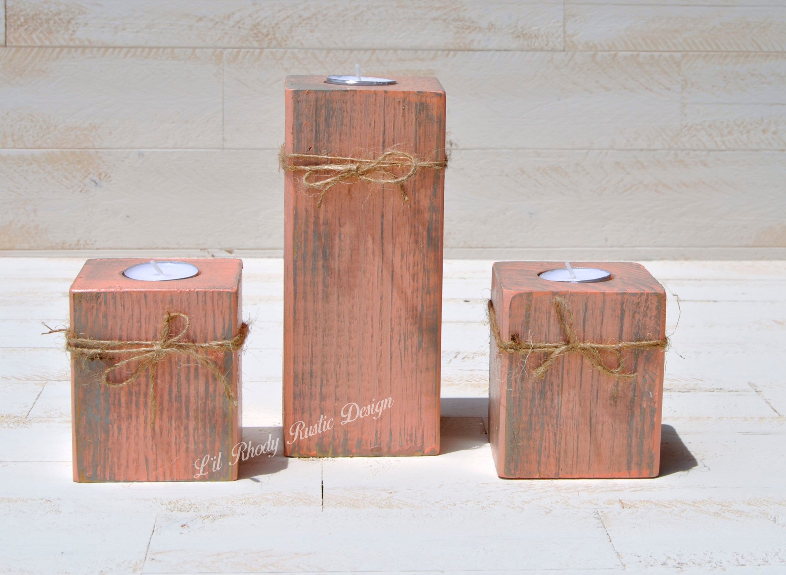 Set of 3 Rustic Wood Block Tealight Candle Holders