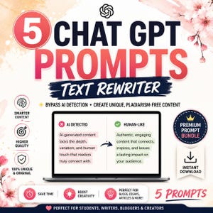 Puede incluir: Un gráfico digital con el texto 5 CHAT GPT PROMPTS TEXT REWRITER. Incluye una pantalla de portátil que muestra una comparación entre contenido detectado por IA y contenido humano, rodeado de iconos de calidad y contenido inteligente.