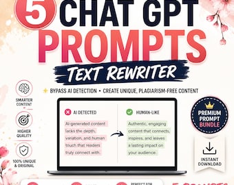 May include: A digital graphic featuring the text 5 CHAT GPT PROMPTS TEXT REWRITER. It includes a laptop screen showing a comparison between AI detected and human-like content, surrounded by icons for smarter content, quality, and unique prompts.