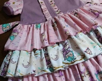 Robe pour filles, robe pour filles avec motif hibou, robe, robe à volants, robe rose