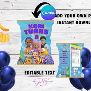May include: Printable chip bag template featuring characters from the animated series Bubble Guppies. The bag is blue with a gold border and features the text "Kori Turns 3".