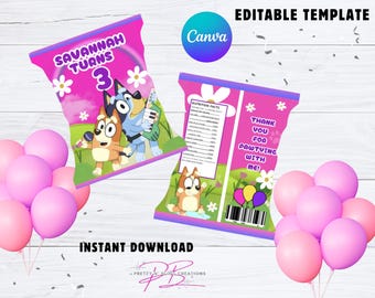 May include: Printable party favor bag template featuring the characters from the animated series Bluey. The bag is pink with purple accents and features the text "Savannah Turns 3".