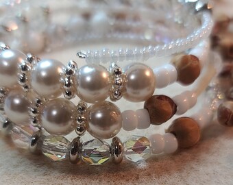 White Wedding bracelet, multi-gem cuff, memory wire Ghost bead layered protection bracelet protects the wearer from evil