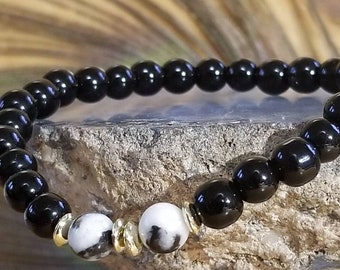 Ladies Protection Bracelet, Mens Bracelet, Black Zebra Jasper, Onyx, Beaded Jewelry