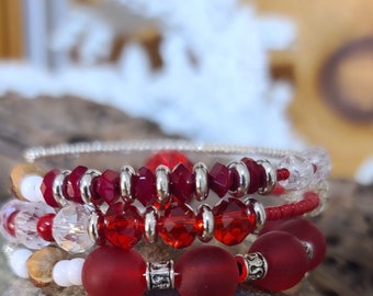 Valentines Day crystal cuff, beaded  wire wrap bracelet, stacked handmade wrap with cryatals & glass crackle beads