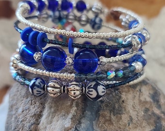 Ghost bead layered protection bracelet healing the wearer from racing thoughts and nightmares, Cobalt Blue cuff, Mother's Day Gift ideas