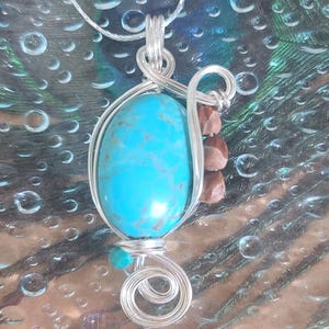 Pendant Turquoise gemstone, turquoise crystal & Ghost Bead Necklace, wire wrap handmade jewellery
